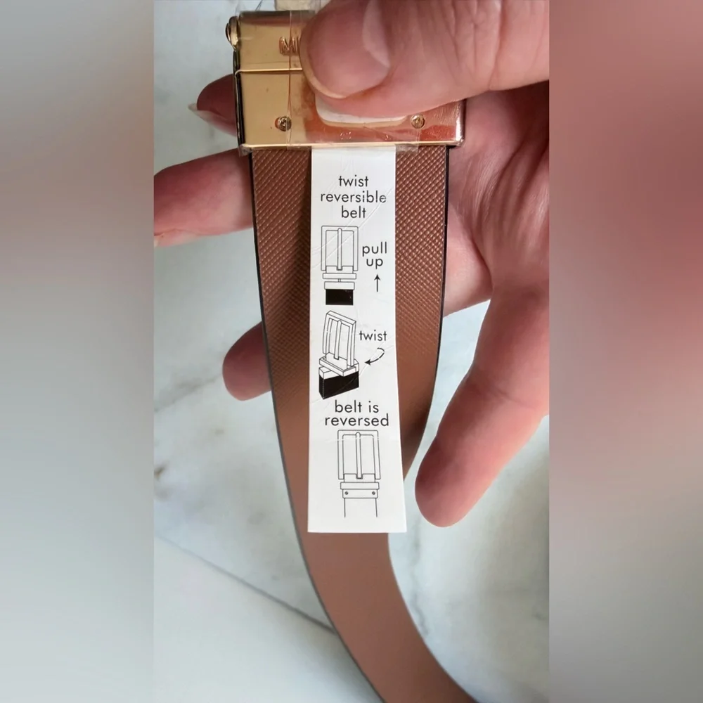$68 MICHAEL Michael Kors Black and Brown Reversible Belt with Gold logo Buckle L